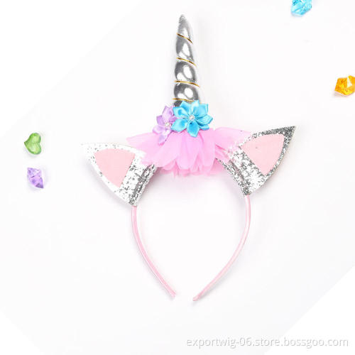 Handmade Kids Party Rainbow Unicorn Horn Headband for DIY Party Supplies Gold Glittery Headwear Flower Hairband